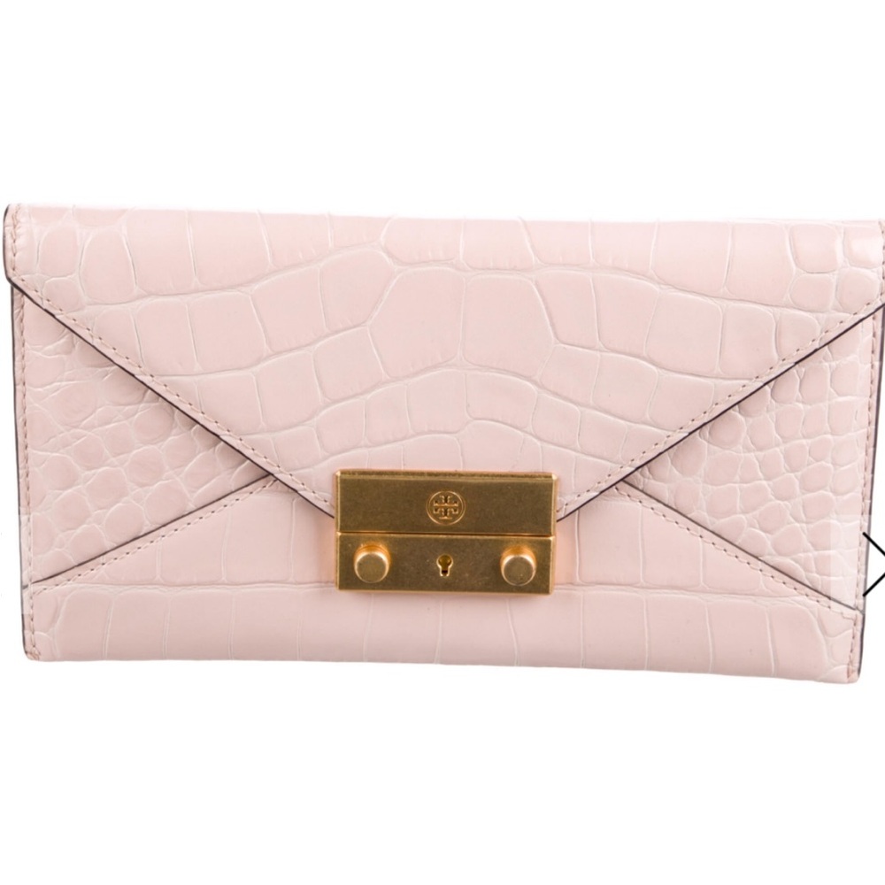 TORY BURCH Elegant Pink Crocodile-Embossed Clutch